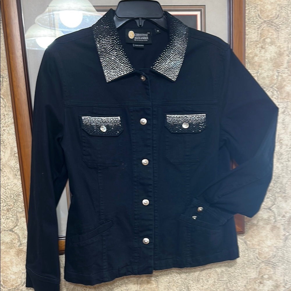 Christine Alexander Black and Silver Jean Jacket with Sequined Yoke